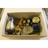 A box containing silver plated teaware; three silv