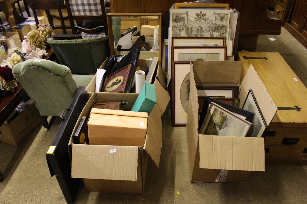 Three boxes of various pictures and sundries; toge