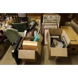 Three boxes of various pictures and sundries; toge