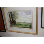 A framed watercolour landscape scene