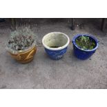 Two blue glazed planters and one other