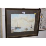 A framed watercolour depicting a harbour scene, si