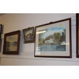 An oak framed watercolour study of a lake scene; to