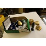 A box containing costume jewellery, thimbles, comp