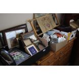 Four boxes of various picture frames; sundry china