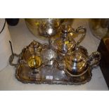 A silver plated four piece teaset, and twin handle