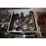 A box of silver plated and pewter items