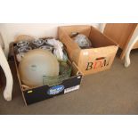 Two boxes containing various jars; light shades; l