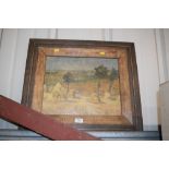 An oak framed oil on canvas study of a harvest sce