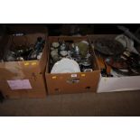 Three boxes of various sundry china and metal ware