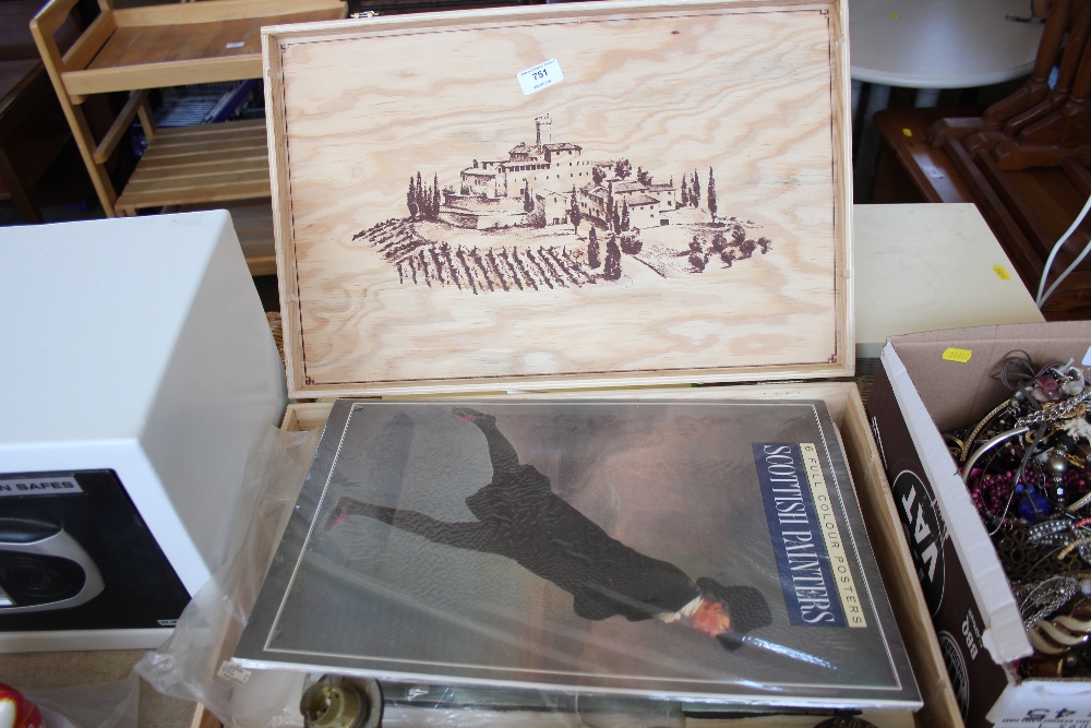 A box and contents of various pictures and prints