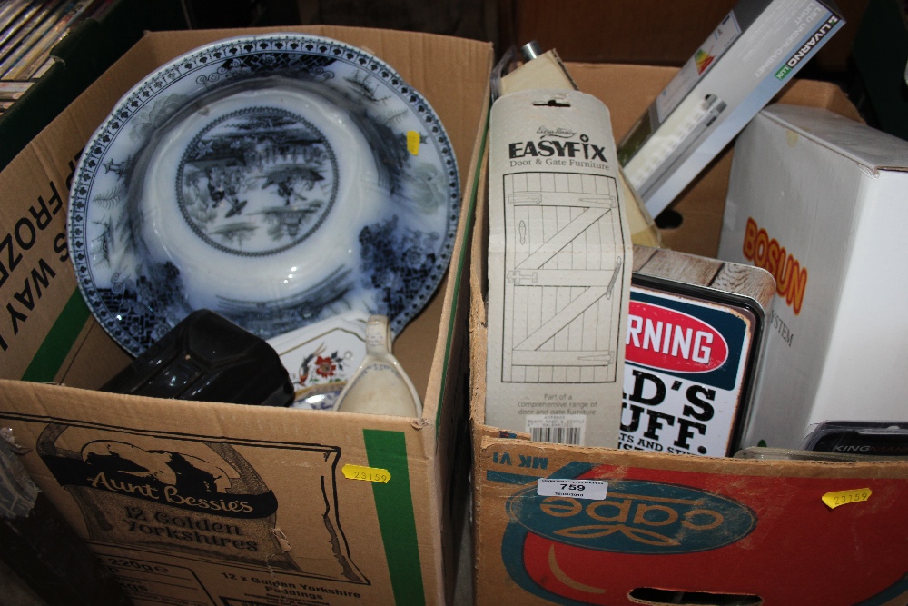 Two boxes containing sundry items to include finge