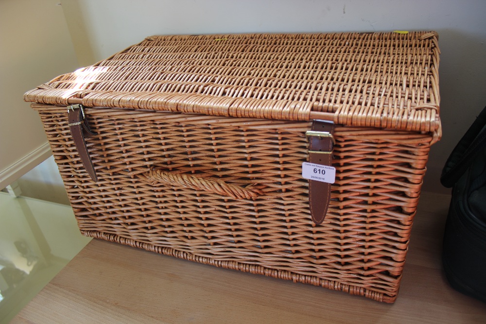 A wicker picnic basket