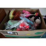 A box of various handmade and other soft toys