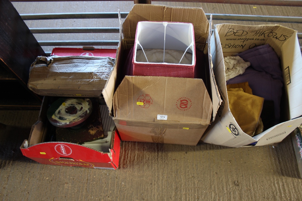 Three boxes of various lamp shades materials and o