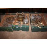 Three boxes of various metal ware to include embos