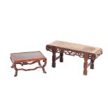 An unusual Chinese hardwood stand, modelled as an altar table, 28cm long; and another in the form of