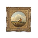 John Moore, 1820-1902, study of boats at sea, framed in the round, 23cm dia.