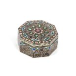 An Indian octagonal enamel silvered gilt and gem set box, circa 19th Century, 7.5cm