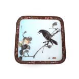 A good quality 19th Century Japanese cloisonne square shaped dish, decorated with a crow on a branch