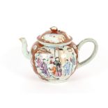 An 18th Century Chinese wine pot, in the form of a large teapot, decorated with figures and exotic