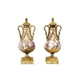 A large pair of 19th Century marble and bronze urns, the covers surmounted by pineapple finials