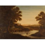 19th Century school, study of figures on a lake with castle and other buildings in the far ground,