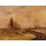 19th Century English school, study of a coastal scene with fishing vessels and figures by a jetty,