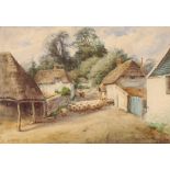 Henry Stannard, RBA, study of a figure herding sheep along a country lane with thatched cottages