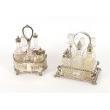 A Victorian plated six bottle cruet stand, of oblong form with raised foliate decoration and an oval