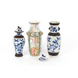 A 19th Century Cantonese baluster vase; a crackle glaze vase, decorated with birds and prunus; and a