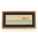 Harry Sticks, 1867-1938, view of Gibraltar, signed and inscribed oil on board, dated '97, in gilt