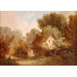 19th Century East Anglian school, study of a watermill with figures seated alongside, unsigned oil