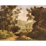 Joseph Vola, 19th Century oil on canvas, hilly lakeland scene with herdsman and goats, signed,