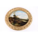 19th Century reverse painting on glass, study after Constable of a watermill, in decorative gilt