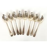 Eight Georgian silver Old English pattern dessert spoons