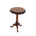 A Victorian walnut and specimen wood inlaid octagonal occasional table, raised on tapering fluted