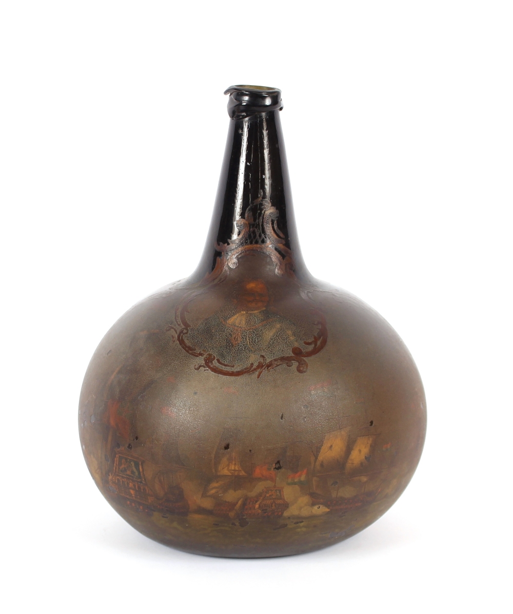 An 18th Century glass bottle, of large size, decorated with a Naval engagement and portrait