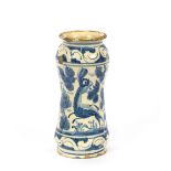 A Continental blue and white Albarello, decorated with a hare, bird and a tower, circa 17th Century,