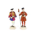 A Dresden porcelain figure of a Yeoman of the Guard; and another similar, inscribed in gilt on the