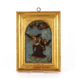 An Antique Florentine allegorical painting on glass, in gilt arch shaped mount and frame, 22cm x
