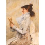 Paul Musin, study of a lady connoisseur, signed oil on canvas laid on board, 40cm x 29cm