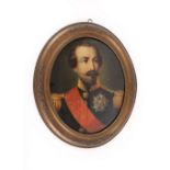 A pair of Victorian paintings on glass, depicting Napoleon III and Empress Eugenie, in oval gilt