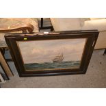 A large framed oil painting of a ship at sea