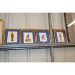 A set of framed and glazed coloured prints depicti