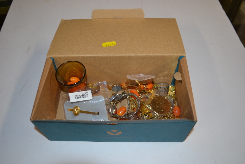 A box of costume jewellery and wrist watches