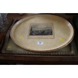 Two tea trays decorated with hunting scenes; and a