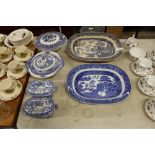 Two blue and white old willow pattern meat plates