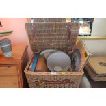 A wicker basket and contents of LPs, CDs and books