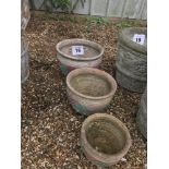 3x terracotta and painted planters, matching, larg